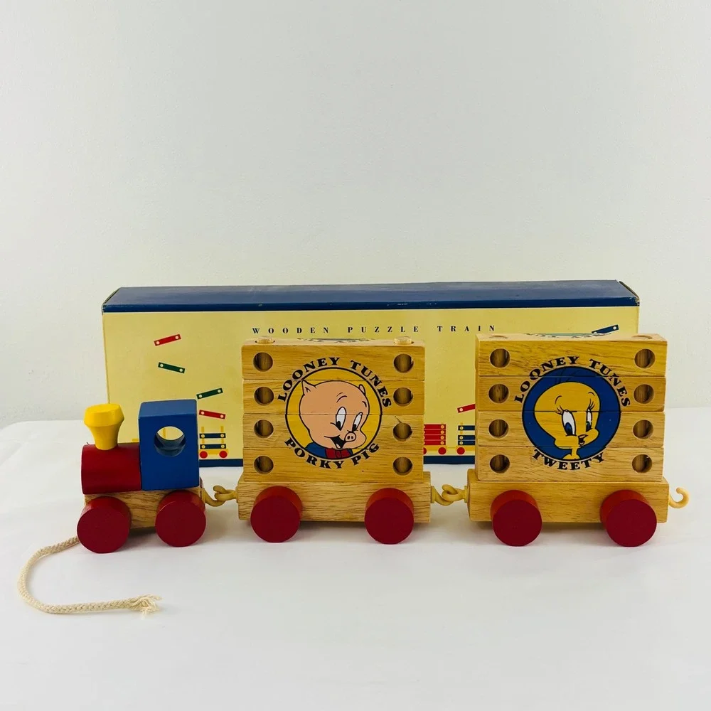 Vintage‎ 1992 Looney Tunes Wooden Puzzle Train Pull Toy Bugs Bunny Tweety Boxed